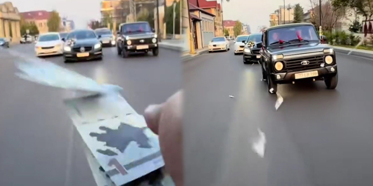 Toy karvanında "avtoş"luq edib yola pul səpdilər - VİDEO